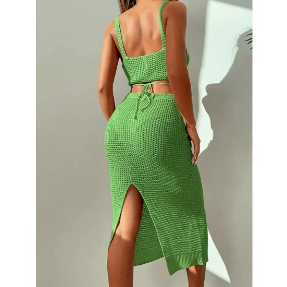 2 piece knit skirt and crop top knit coverup set Green - Picture 4 of 15